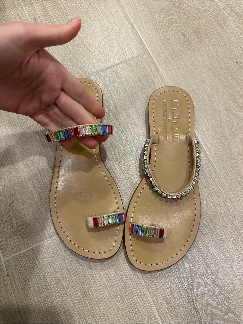 Matisse Tan Leather Sandals with Multicolor Baguette Gems